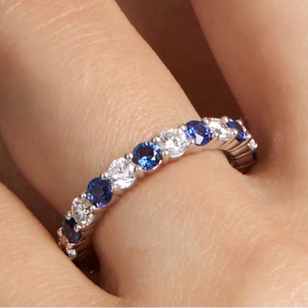 14K White Gold 1.00 CTW Lab Grown Diamond Sapphire Eternity Ring NEW